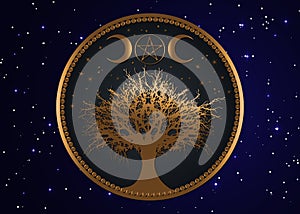 Tree of life Wicca sign mandala, Gold Mystical Moon Pentacle, Sacred geometry, Golden Crescent moon, half moon pagan Wiccan triple