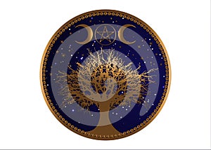 Tree of life Wicca sign mandala, Gold Mystical Moon Pentacle, Sacred geometry, Golden Crescent moon, half moon pagan Wiccan triple