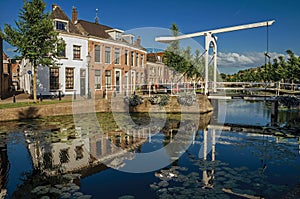 Tree-lined canal with aquatic plants, bascule bridge and brick houses at the bank on sunset in Weesp.