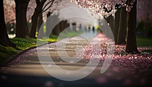 a tree lined sidewalk with pink flowers on the trees lining the sidewalk. generative ai