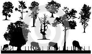 Tree and livestock silhouette set