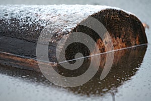 Tree log half submerge into the frozen lake photo