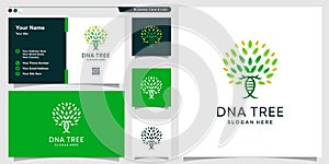 Tree logo with cool DNA line art style and business card design template, Premium Vector
