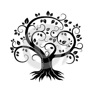 Tree logo. Leaves grow on branches. Silhouette of a plant with roots, branches and crown. The root elements are drawn white on