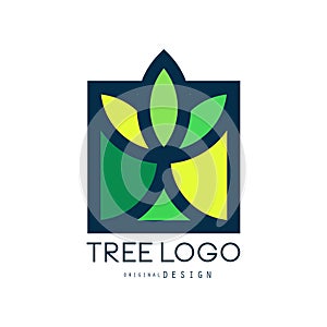 Tree logo original design, green eco bio badge, abstract organic element vector illustration