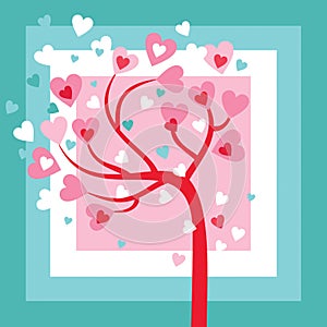 Tree of Love with hearts in blue, pink and red