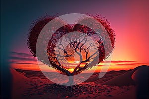 Tree of love. Red heart shaped tree at sunset. Beautiful landscape with red tree and falling leaves. Generative AI