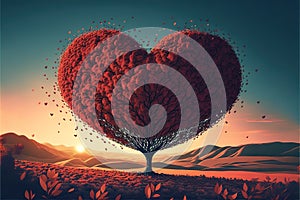 Tree of love. Red heart shaped tree at sunset. Beautiful landscape with red tree and falling leaves. Generative AI