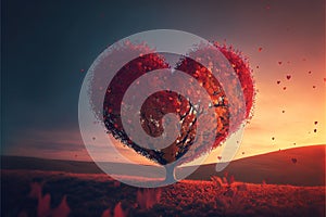 Tree of love. Red heart shaped tree at sunset. Beautiful landscape with red tree and falling leaves. Generative AI