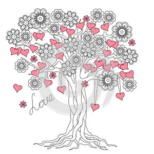 Tree of love with roots and flowers