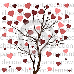 Tree of love. A tree with heart-shaped leaves. Interior design of walls of love