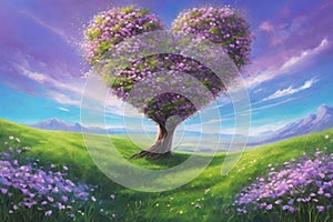 Tree of love and Valentine\'s day on a field in spring at sunset..