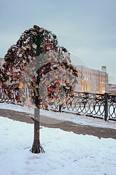 Tree of Love with wedding locks, Luzhkov Bridge. Moscow, Russia