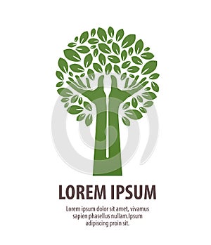 Tree made hands and leaves. Nature logo or ecology. Icon, symbol