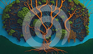 A tree made of intertwining circuitry symbolizes the harmony between nature and technology. abstract representation of technology