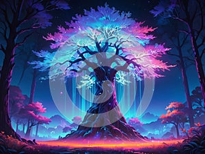 a tree with a man standing in front of a colorful sky Binary Blossom A Digital Fantasy\'s Iridescent