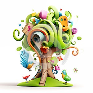 A tree with many branches and leaves, and a bird perched on one of the branches