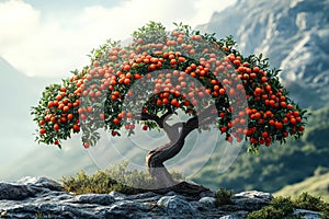 Tree with many oranges on it is in the mountains