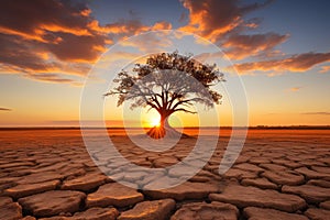 a tree in the middle of an arid landscape at sunset