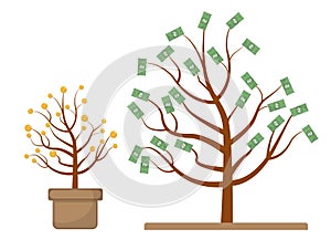 Tree with money. Coins and dollars. Evolution, growth, progressive concept. Flat design, isolated white background