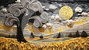 The Tree And The Moon: A Dark Silver And Yellow Paper Art