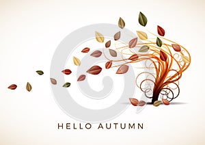 Tree moved by the wind with dead leaves, vector autumn background. Elements and template for brochure, flyer or depliant for