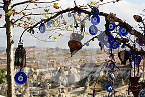 Tree with nazars in Goreme. Nevsehir province. Cappadocia. Turkey