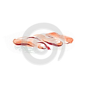Tree nigiri sushi with salmon, watercolor illustration isolated on white background. Traditional japanese cuisine