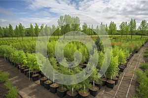 tree nursery, filled with young trees and experts growing them