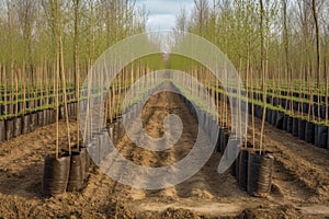 tree nursery with rows of young trees ready for planting