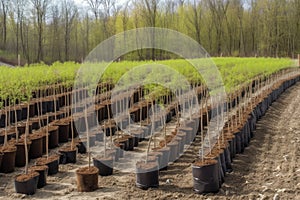 tree nursery with rows of young trees ready for planting