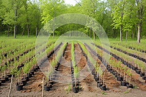 tree nursery with rows of young trees ready for planting