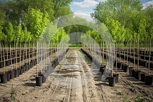 tree nursery with rows of young trees ready for planting