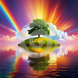 tree o green island in the water, surrounded by clouds, rainbow and mystical glow