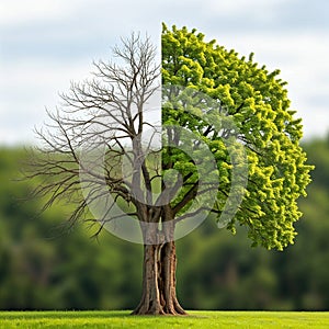 A tree with one half alive and one half dead
