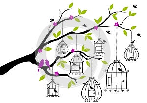 Tree with open birdcages, vector