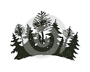 Tree outdoor travel black silhouette coniferous natural badge, tops pine spruce branch cedar and plant leaf abstract