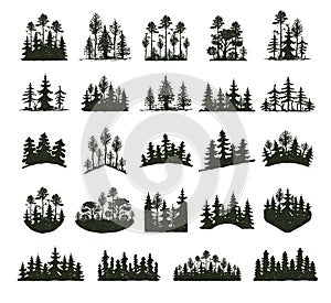 Tree outdoor travel black silhouette coniferous natural badges, tops pine spruce branch cedar and plant leaf abstract