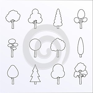 Tree outline icon set. Plants with leafs silhouettes. Forest and garden symbol. Vector illustration
