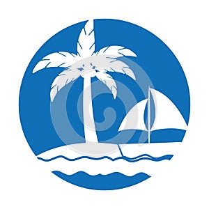 Tree palm beach with sailboat