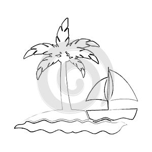 Tree palm beach with sailboat