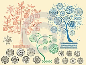 The tree patterns with the different elements vector illustration. Aztecs Mayan ancient civilizations ornaments.