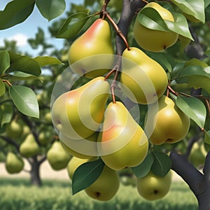 Tree with pears in a pear orchard