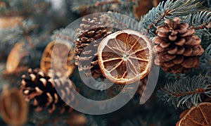A tree with pine cones and oranges hanging from it
