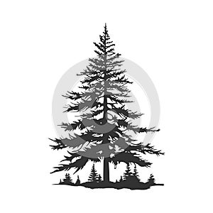 tree pine silhouette tattoo, logo cypress tree evergreen, cedar forest wood vector illustration. conifer tree