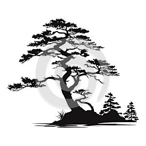 tree pine silhouette tattoo, logo cypress tree evergreen, cedar forest wood vector illustration. conifer tree