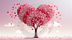 Tree of pink hearts full of love. Cute adorable tree filled with heart leaves background