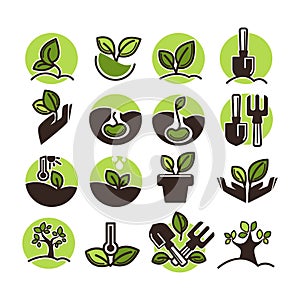 Tree planting and green gardening horticulture vector icons set