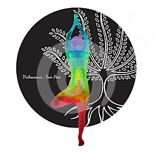 Tree pose, Vrksasana yoga 7 color chakra watercolor painting hand drawing