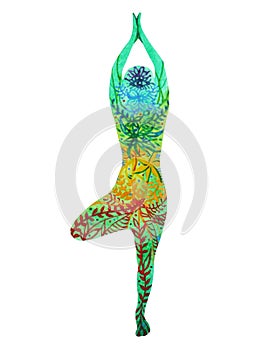 Tree Pose Yoga, 7 color chakra watercolor flower floral pattern